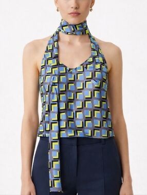 NWT Wildfang Satin Cami Button Adjustsble Strap And Scarf Geometric Print Sz M